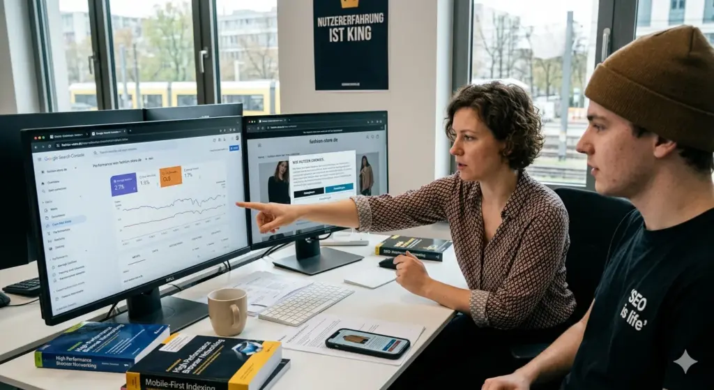 SEO-Experten analysieren Website-Daten und Nutzerverhalten in der Google Search Console zur Optimierung von Cookie-Bannern und Website-Performance