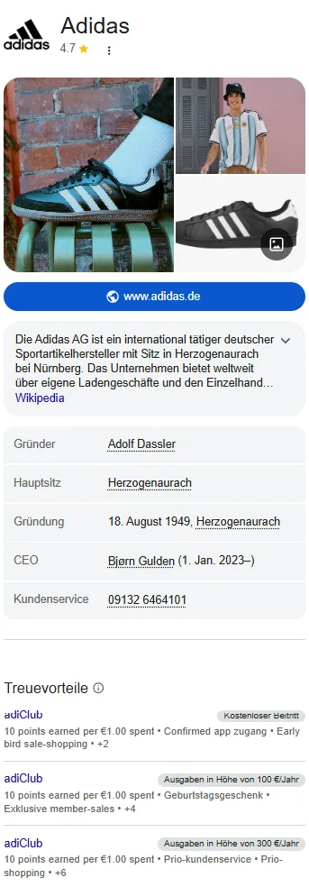Google Markenprofil von Adidas mit Markenbildern, Unternehmensinformationen und Treuevorteilen