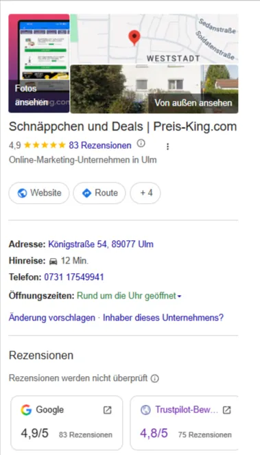 Google Unternehmensprofil mit Adresse, Öffnungszeiten und Rezensionen in der Google-Suche